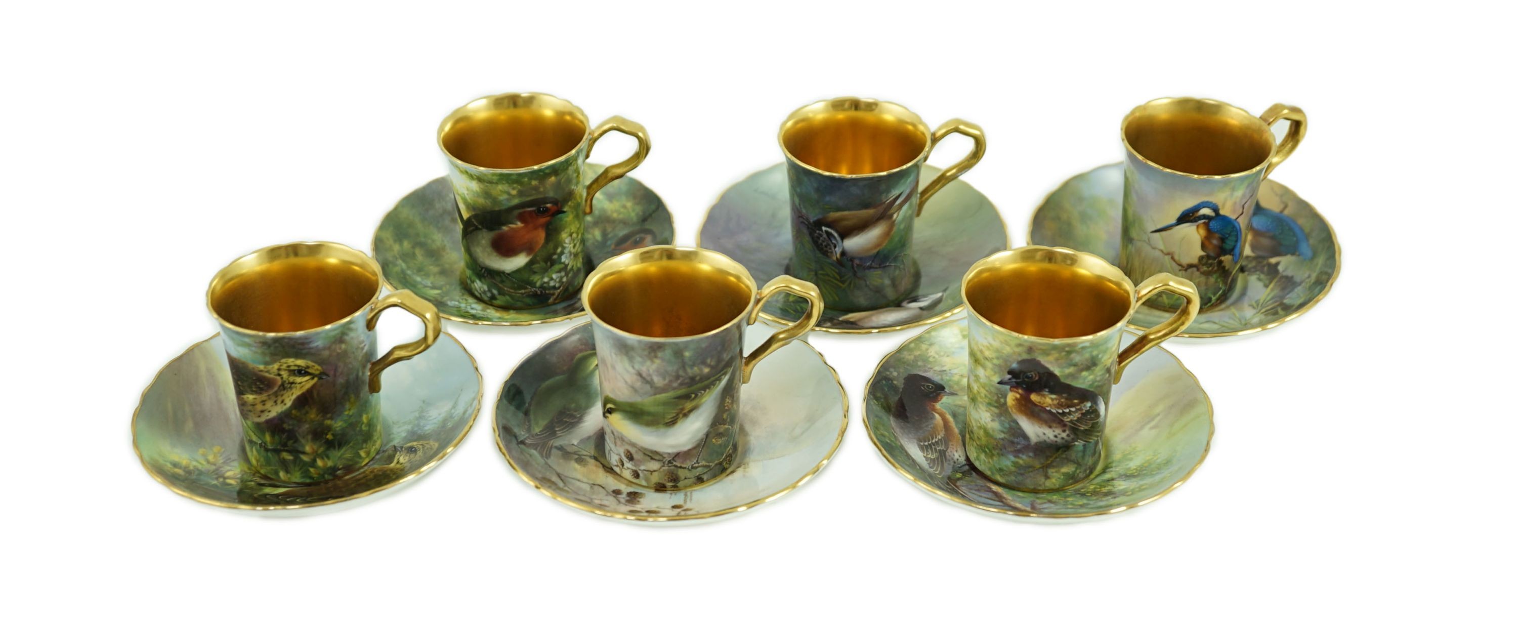 A set of six Paragon bird painted cabinet cups and saucers, 1950s, Saucers 11 cm diameter